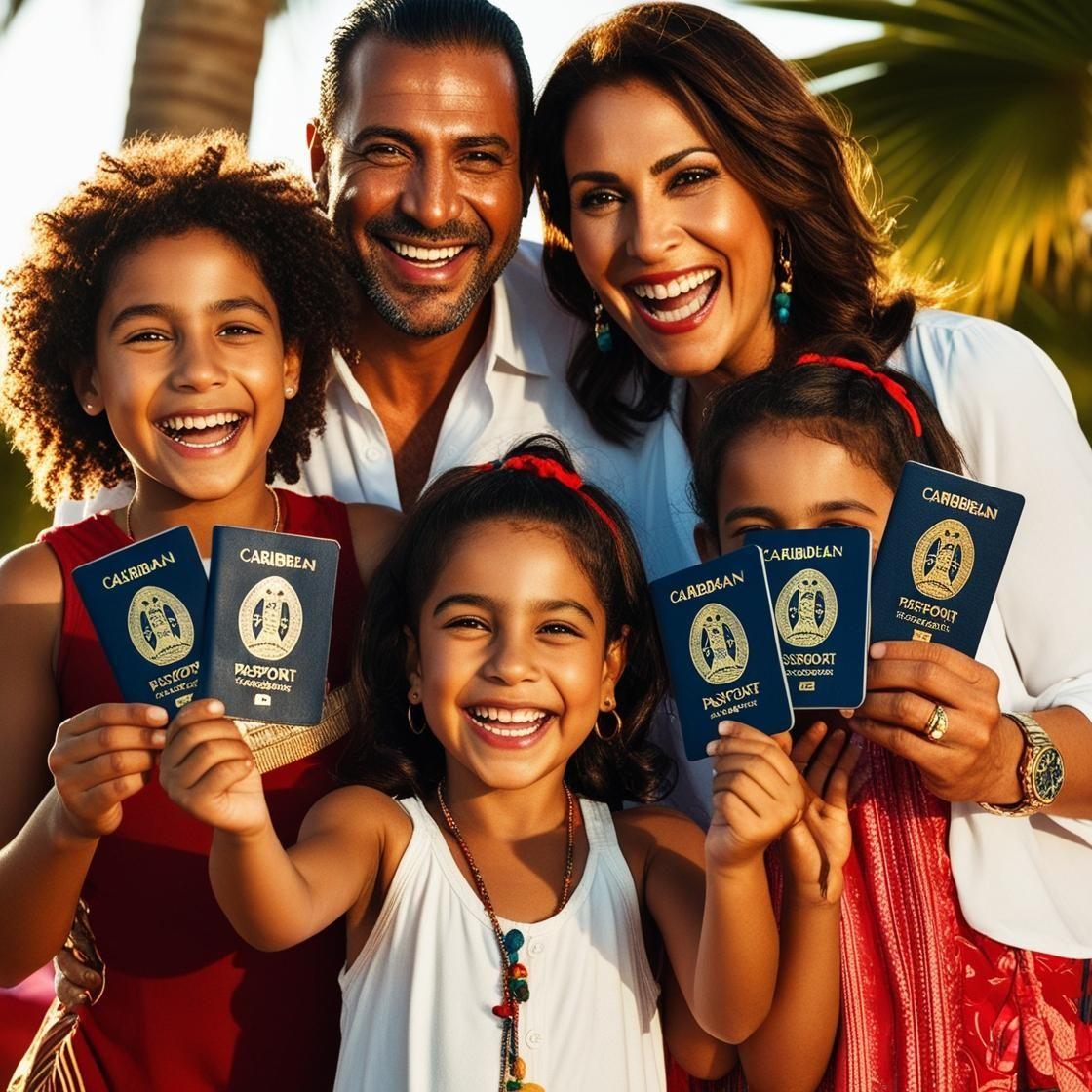 Group of people holding Caribbean passports, standing outdoors with palm trees in the background.