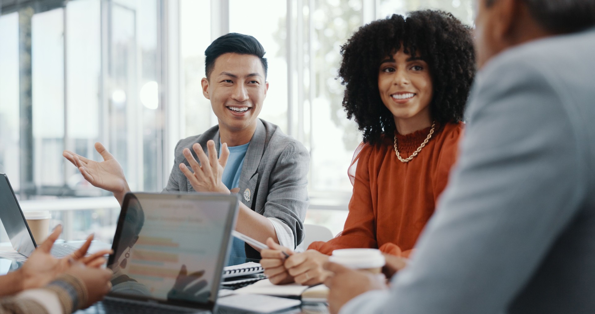 Business meeting, talking and happy people collaboration, brainstorming and listening to sales pitch. Teamwork, acquisition discussion and team negotiation, conversation or consulting on research